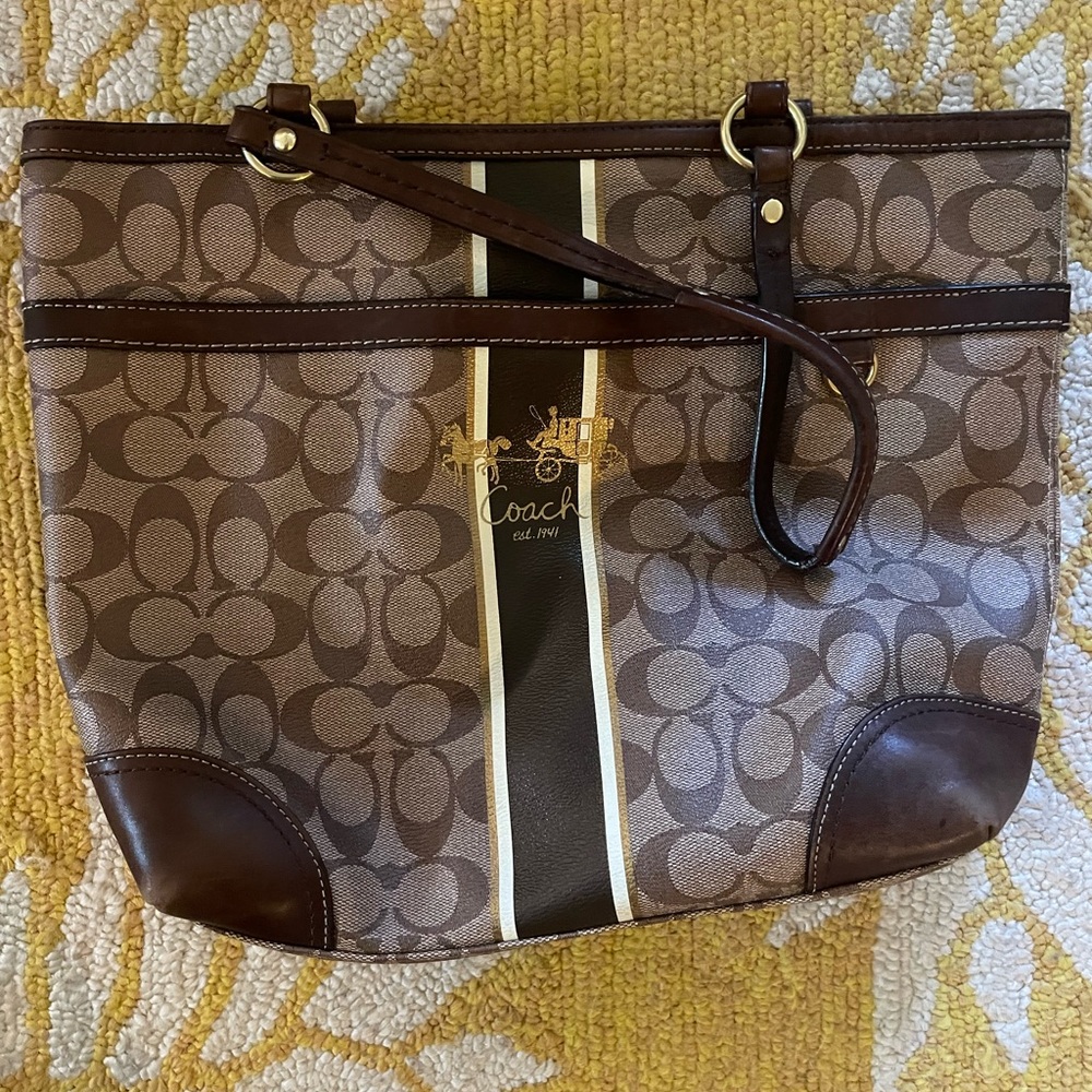 Coach Signature Heritage Stripe Tote Shoulder Handbag